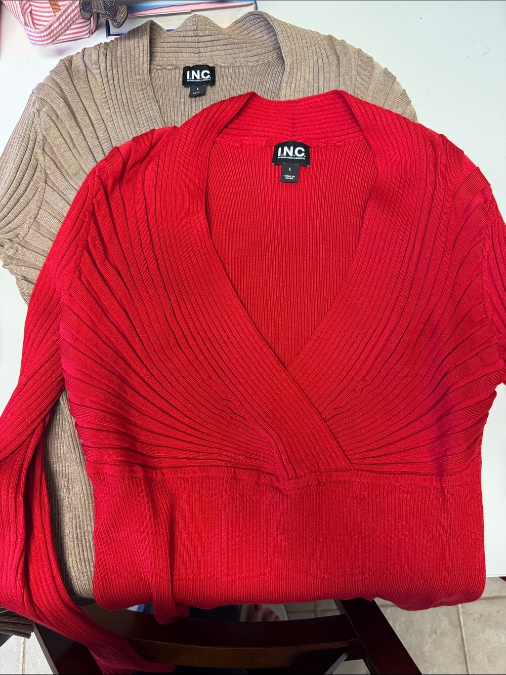 INC International Concepts Red Ribbed V-Neck Sweater with Tan Layer
